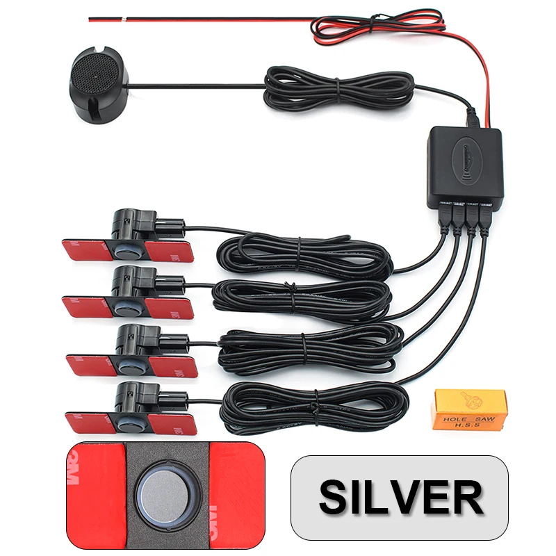 GreenYi Parksensor-Assistent Parktronics 4 Schwarz/Silber/Weiß 13 mm flache Sensoren Reverse Radar Sound Summer Alarmton