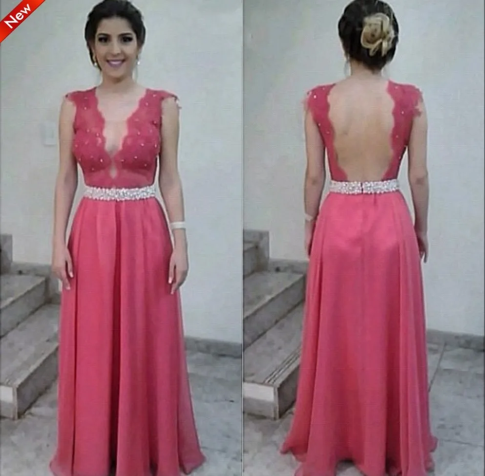 

Cheap chiffon Sexy see through V-neck exquisite backless prom gown 2018 lace crystal belt custom made A-line bridesmaid dresses