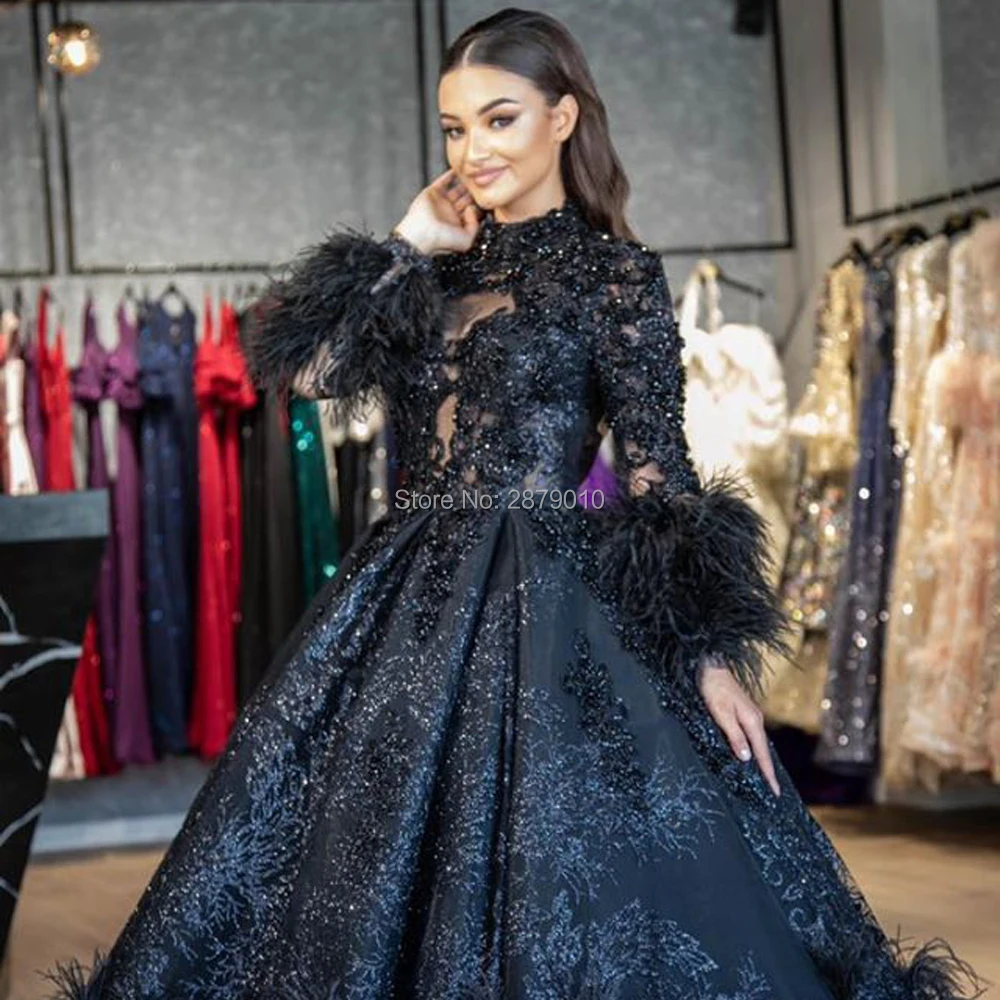 Black Luxury Ball Gown Evening Dress Floor-Length Applique Beaded Prom Dress Robe De Soiree Aibye Vestido de festa Formal Dress