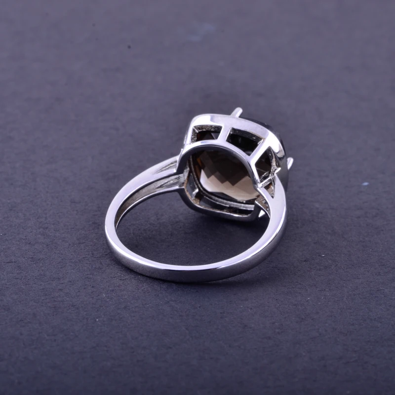 CSJ Smoky Quartz Rings Sterling 925 Silver Natural Gemstone Cushion 12mm Women Lady Wedding Engagment Party Gift Box