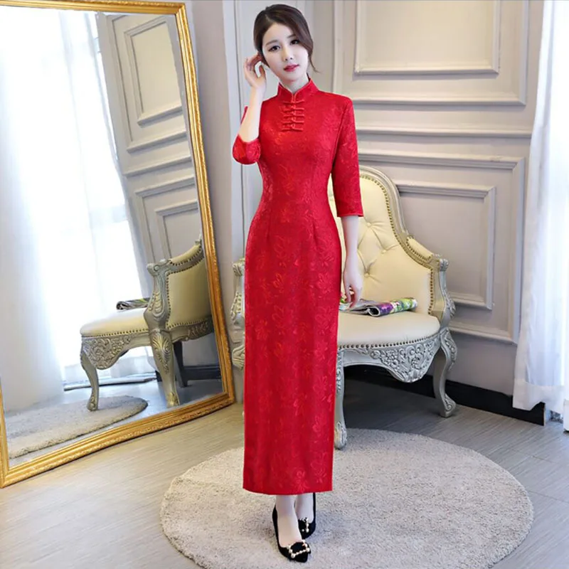 

Women's Qipao White Floral Long Chine Traditional Cheongsam Vintage One Piece Dress Autumn Red Evening Wedding Party Prom Dress