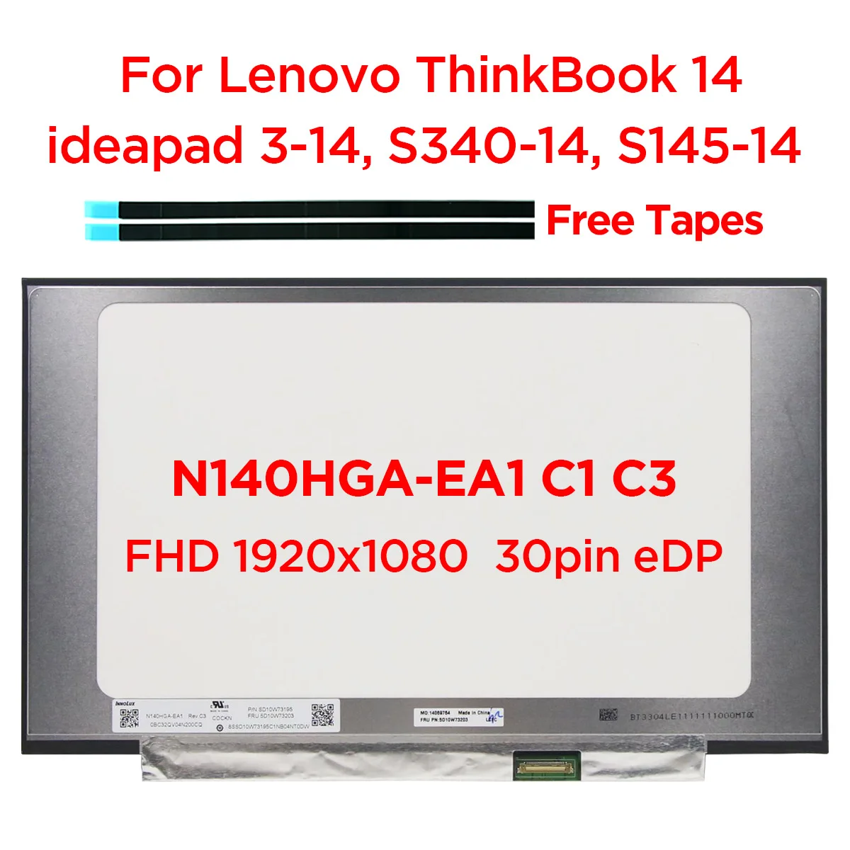 14.0 Slim Laptop LCD Screen N140HGA-EA1 NT140FHM-N43 For Lenovo ideapad 3-14 S340-14 S145-14 ThinkBook 14 FHD1920x1080 30pin eDP