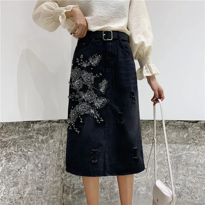 Denim Skirts Womens Heavy Industry Beaded Flowers Jean Skirt Female Korean Fashion High Waist  Mi-Long Denim Skirts Elegant Lady