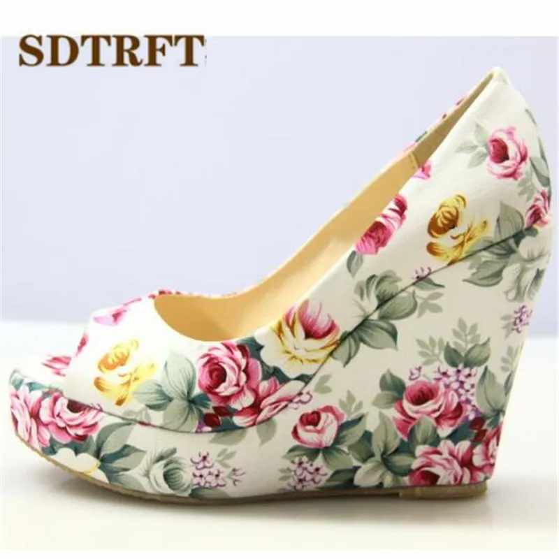 SDTRFT New Peep Toe Pumps Platform Party Flowers shoes woman 15cm High Heeled zapatos mujer Sweet wedges Stiletto Plus:34-42 43