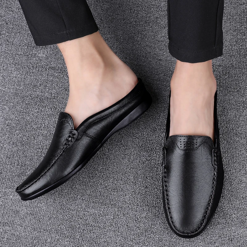 Luxury Designer Mules Men\'s Slippers Genuine Leather Loafers Men Moccasins Summer Man Casual Shoes Fashion Half Shoes For Men