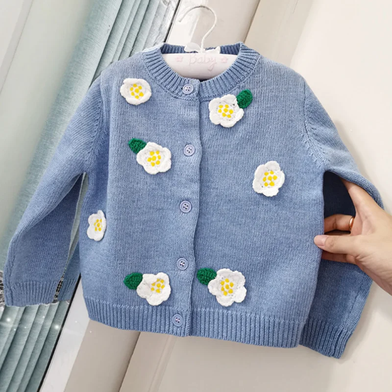 

Blue three-dimensional flowers girls pure cotton knit cardigan sweater coat