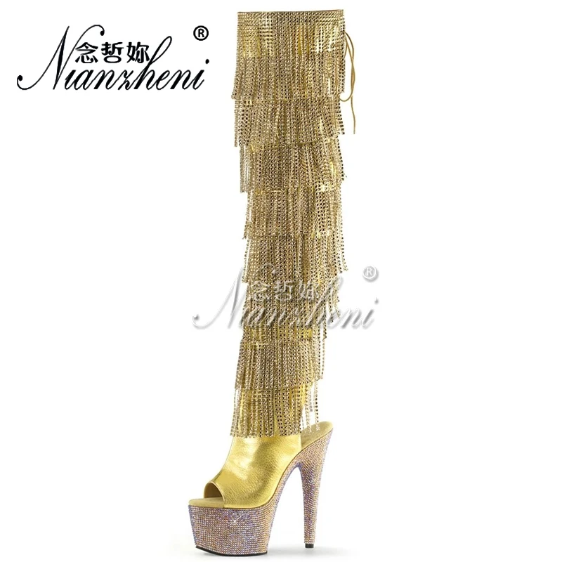 Gold Gothic Stripper Heels Over The Knee Boots 7Inch Fringe Rhinestone High Heels Exotic Dancer 17cm Over The Knee Boots Catwalk