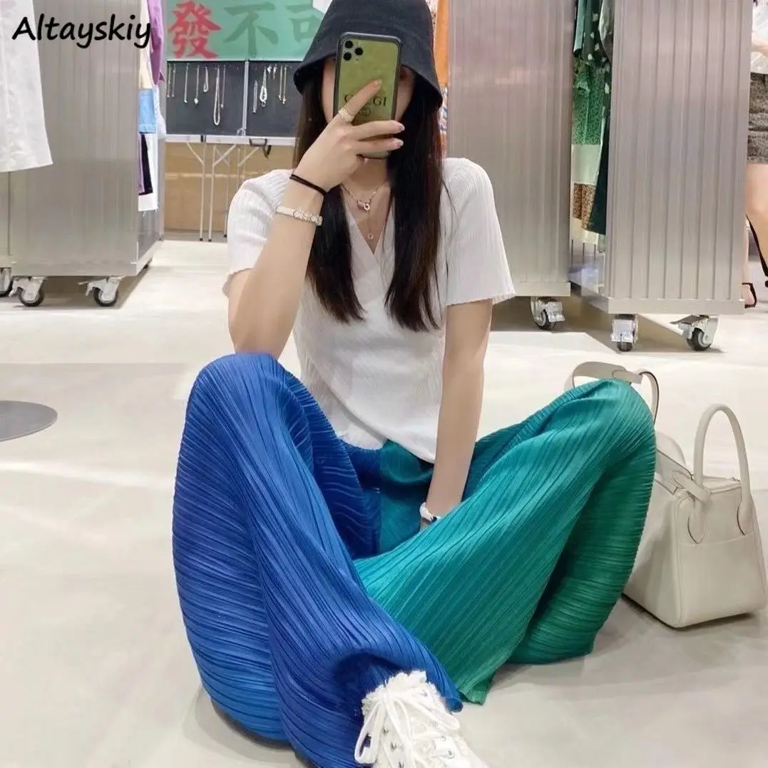 Pants Women Gradient Color Patchwork Loose Mopping Colorful Ins Streetwear Ribbed Slim Wide Leg Trousers Females  Harajuku