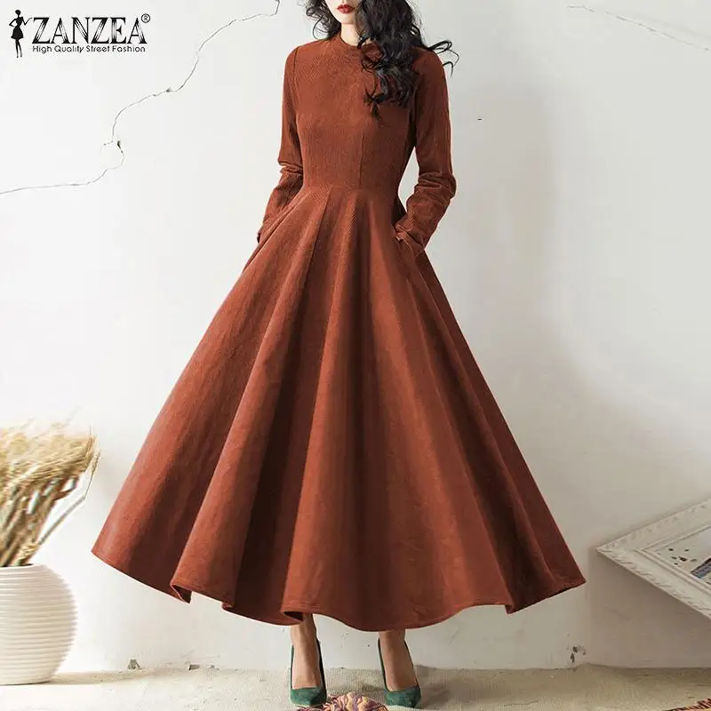 ZANZEA 2024 Women's Corduroy Dress Spring Autumn Vintage Long Sleeve Maxi Drseses Casual Solid A-line Oversized Party Robe Femme