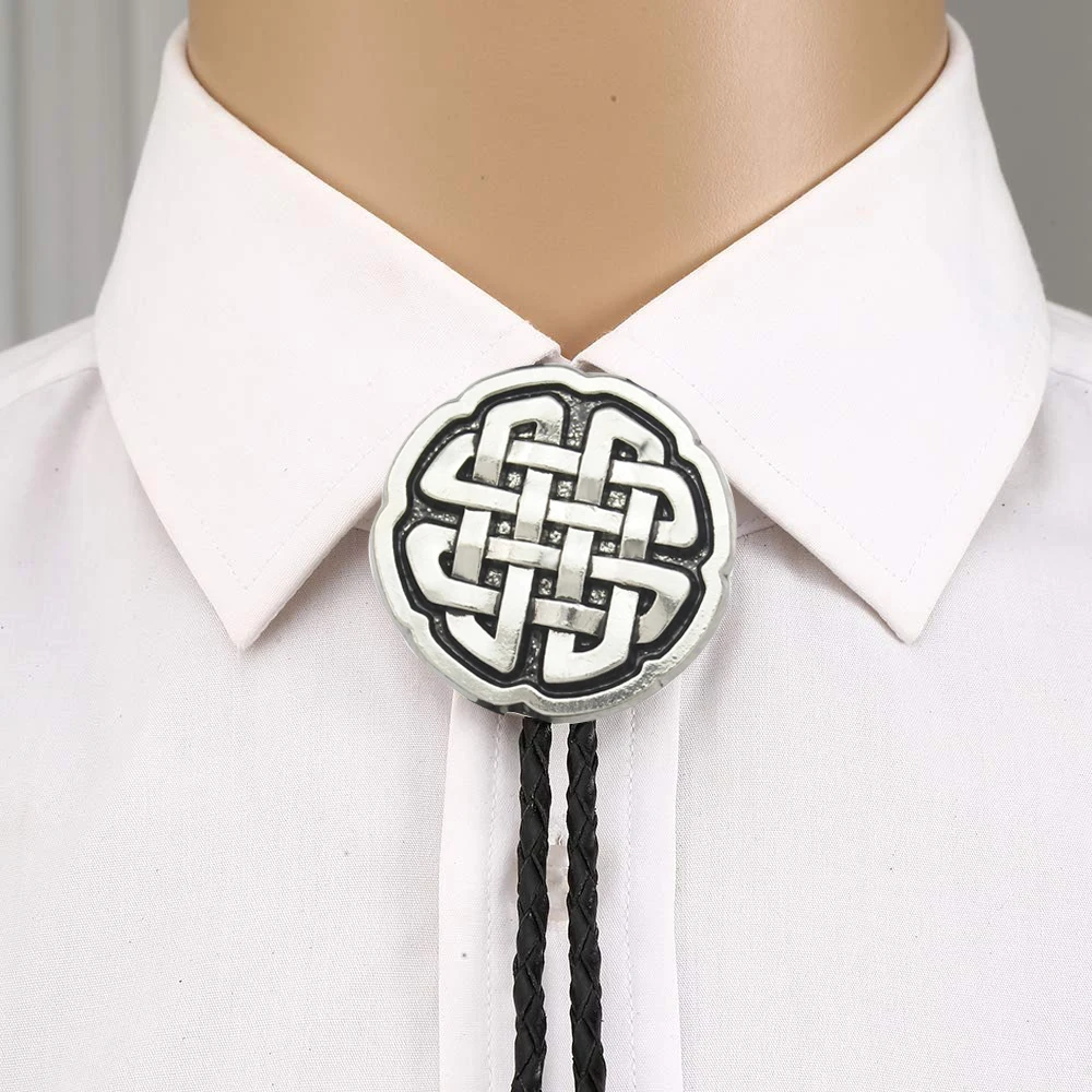 Silver knot round bolo tie for man Indian cowboy western cowgirl leather rope zinc alloy necktie