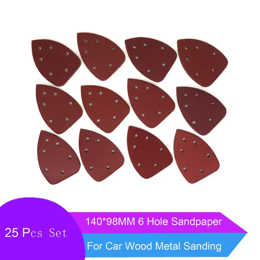 25 PCS 140*98*mm 6Hole Sanding Sheets Triangle Mouse Detail Sandpaper Hook & Loop  Grits Abrasive Sanding Disc For Wood Sanding