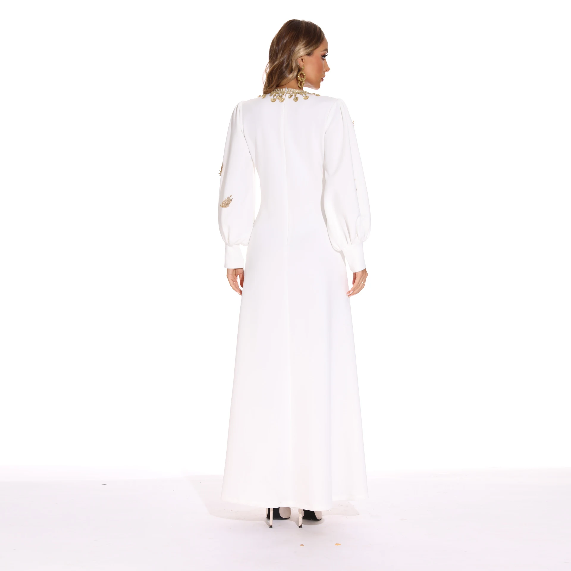 New Fashion Arab Elegant slim embroidered women simple white Muslim dress