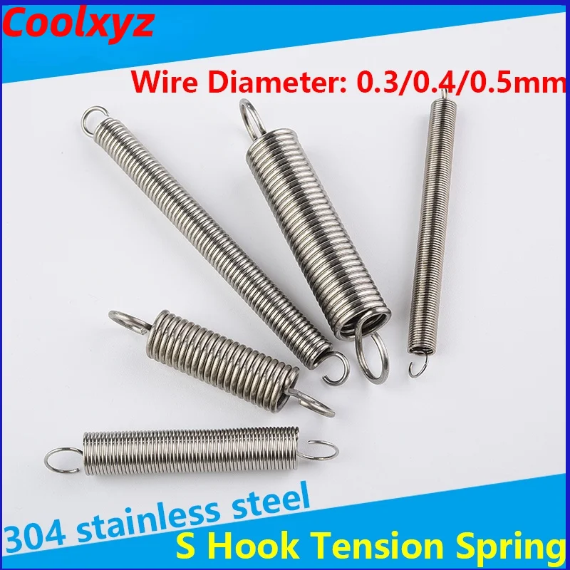 304 Stainless Steel S Hook Cylindroid Helical Coil Pullback Extension Tension Spring Wire Diameter 0.3mm 0.4mm 0.5mm