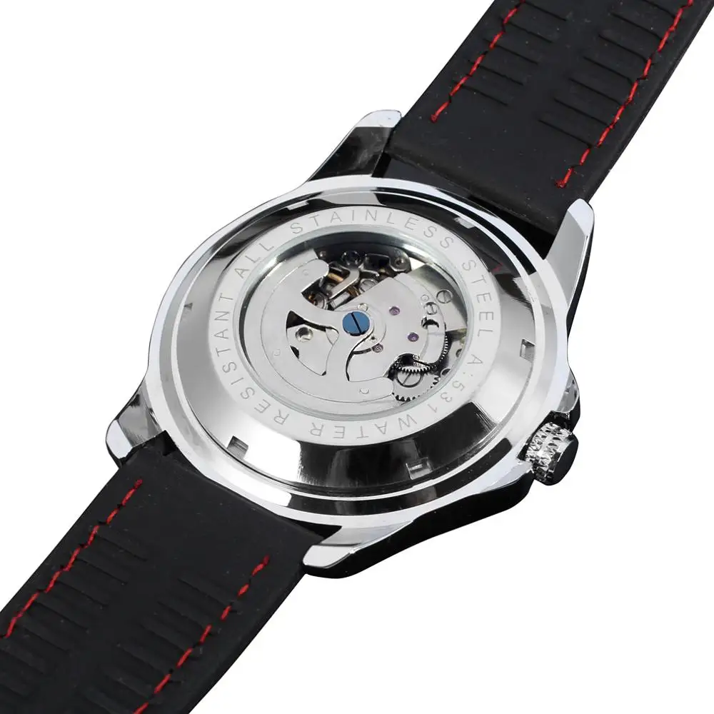 WINNER-Montre-bracelet en cuir pour homme, design creux argenté, cadran automatique, mécanique, tendance de la mode