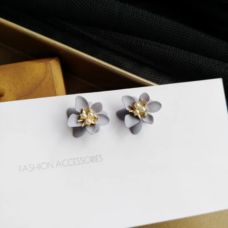 Ears Clips Temperament Korean Style Summer Sweet Gray Small Purple Flowers Pearl Clip Earrings Without Piercing