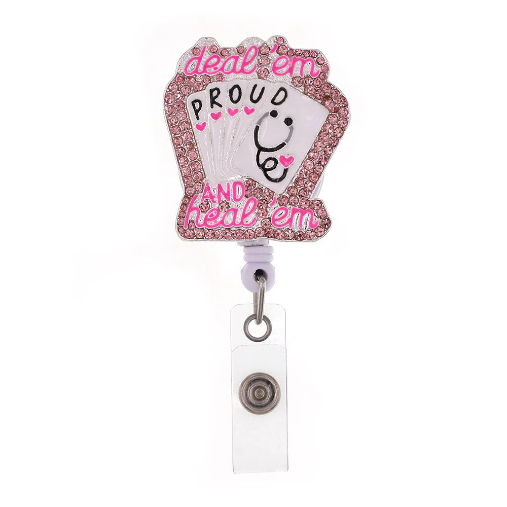 

Cute Pink PROUD Playing Cards With Stethoscope Rhinestone Retractable Badge Reel Clip Badge Holder
