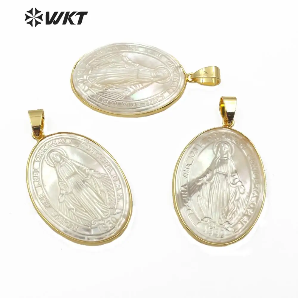 WT-JP177 Amazing Delicate Handmade Shell Carved White Sanit Maria Pendant Religion Style Jewelry Accessory DIY Wholesale