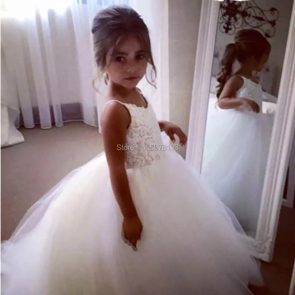 1222 white lovely tulle flower girl dresses/formal gowns V-neck spaghetti-straps floor-length lace&applique zipper free shipping