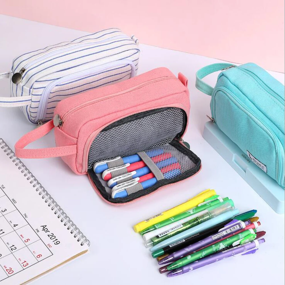 XRHY 2-Layer Zipper Pen Bag Pencil Case Large Capacity Canvas Pencil Bag Pouch Stationary Case Package Bag For School Students