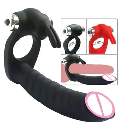 7 Speeds Penis Vibrating Ring Double Penetration Strapon Dildo Anal Beads Butt Plug Rabbit Vibrator Clitoris Sex Toys for Couple