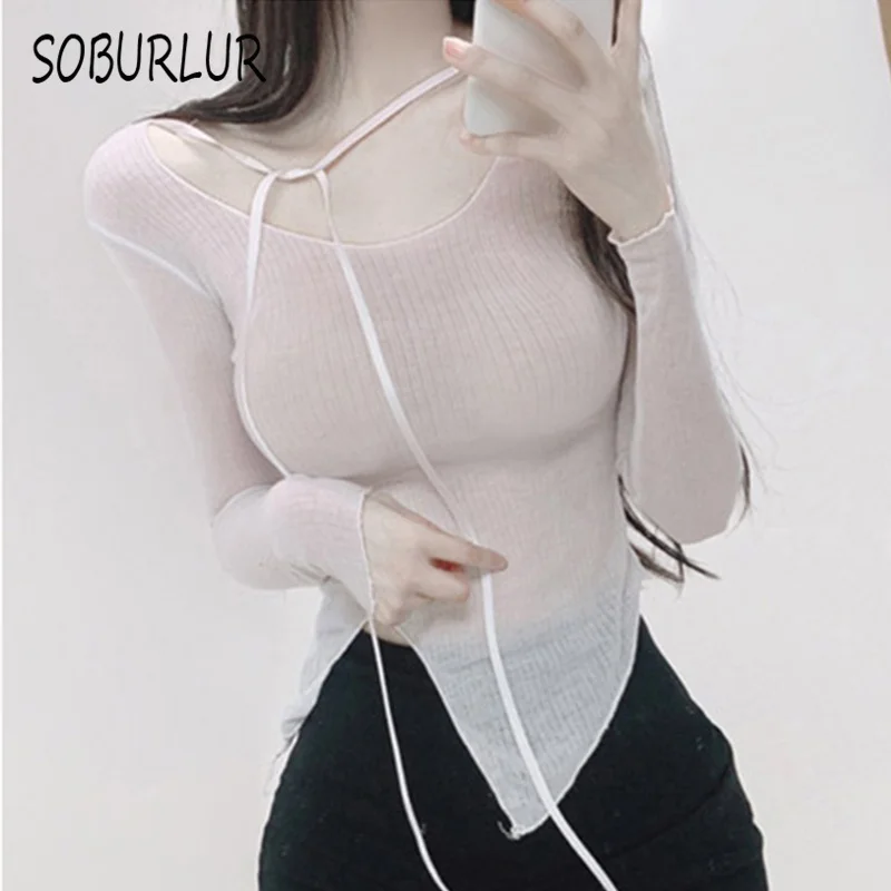 SOBURLUR Summer Sexy Women's T-Shirts Lace up Irregular Fashion Crop Tops Woman Clothing Tunics Korean Short Sleeve T shirt Tees