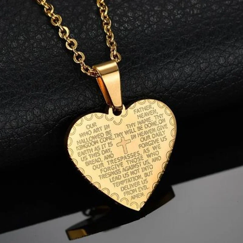 Men Women Fashion Simple Heart Shape Carved Bible Text Pendant Necklace Couple Pendants Christian Accessories