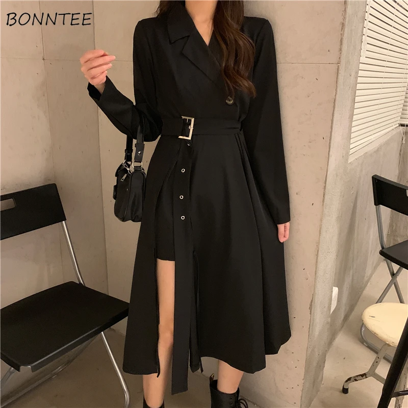 Long Sleeve Dresses Women Classy Vestidos 2020 Mujer Elegant Sashes Side Slit A-Line Charm Vintage Midi Black Empire BF Notched