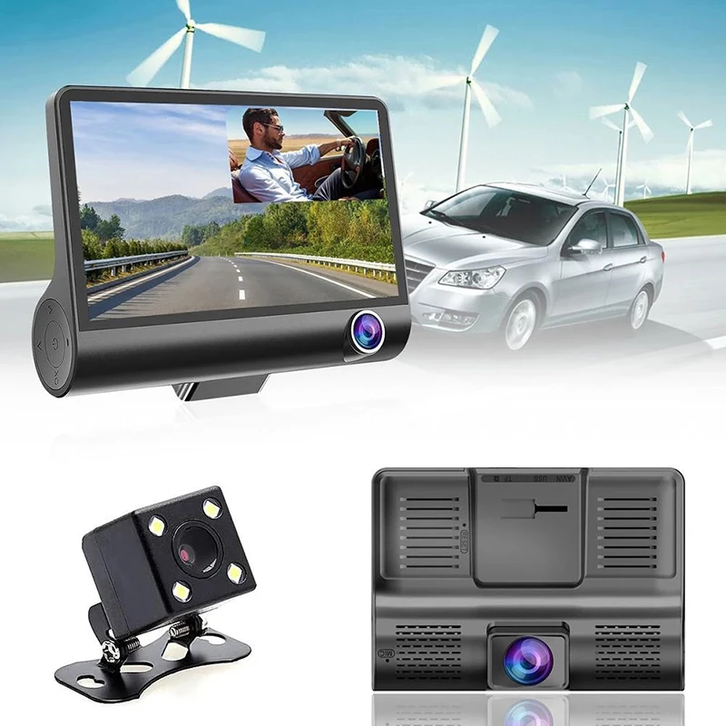 Taida 1080P Full HD 4 Inch Screen Car DVR 3 Lens Dash Camera Parking Record Rearview Vehicle Video DVR Night Vision Dash Cam