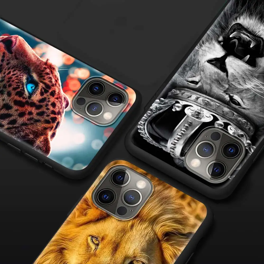 Luxury Tiger Lion Case For Apple iPhone 11 13 12 Pro 7 XR X XS Max 8 6 6S Plus 5 14 SE 2020 13Pro Black Phone Cover Capa