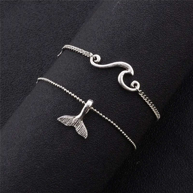 Bohemian Ocean Wave Whale Tail Anklet Bracelets Women Beach Silver Color Ankle Chain Foot Bracelet Summer Jewelry