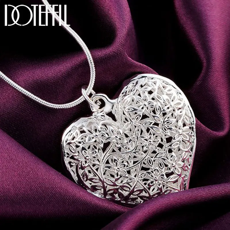 DOTEFFIL 925 Sterling Silver 18-30 Inch Carved Heart Pendant Snake Chain Necklace For Women Fashion Wedding Party Charm Jewelry