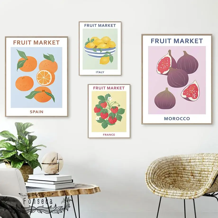 Nordic Fresh Fruit Market Country Name Canvas Painting Lemon Strawberry Orange Fig France Italy Morocco Poster Wall Art Pictures