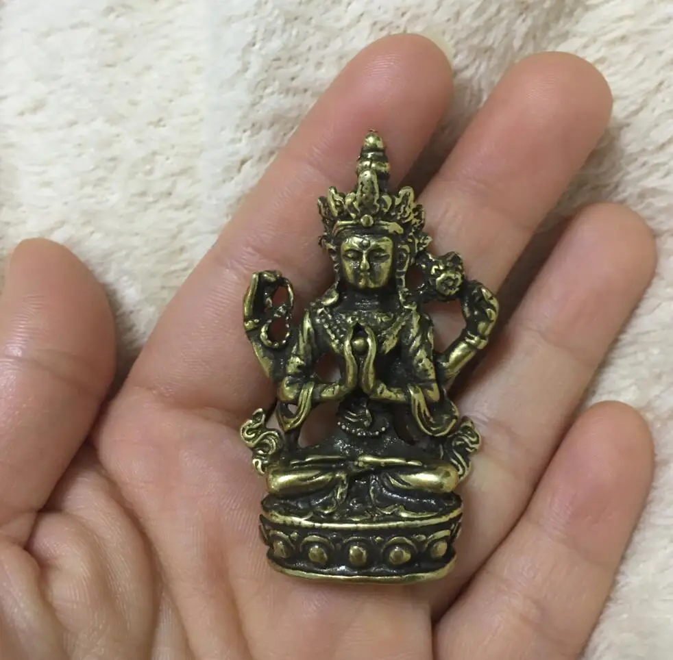 Copper Statue TIbet Buddhism Miao Silver 4 Arms Chenrezig Buddha Avalokiteshvara Statue