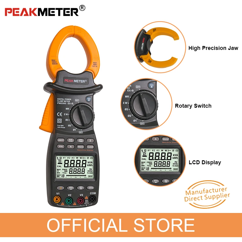 PEAKMETER PM2203 3-Fase LCD Digitale Professionale Ad Alta Sensibilità Morsetto Misuratore di Potenza di Correzione del Fattore di Dati di Log Rs232