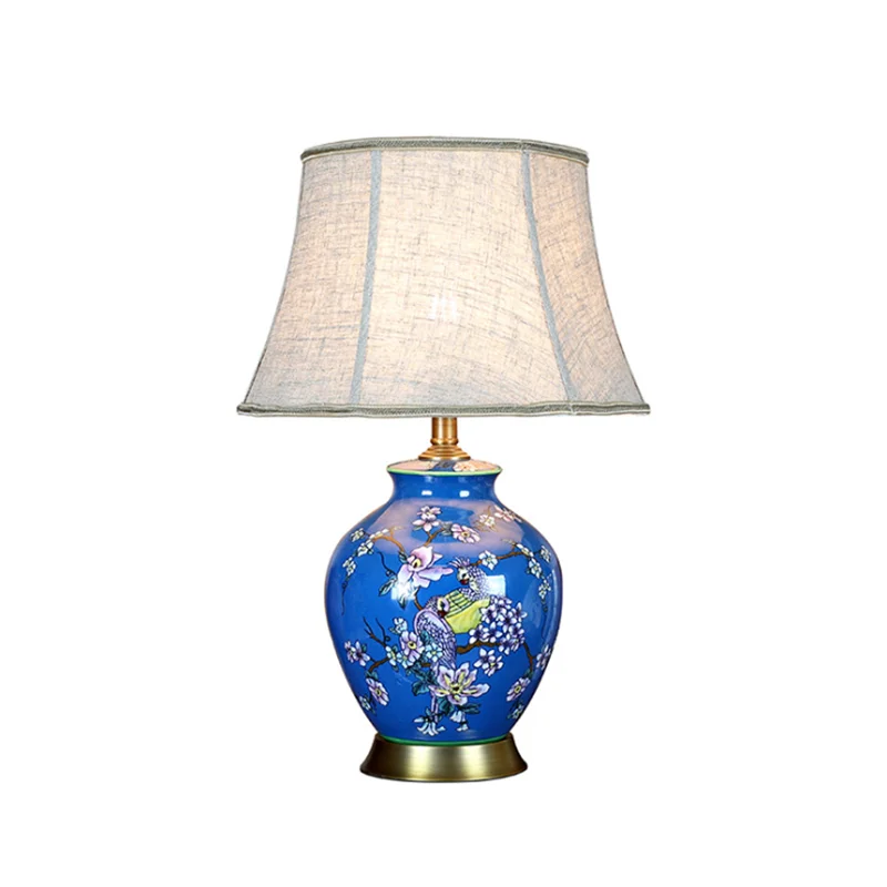 

Chinese Classical Blue Ceramic Table Lamp Hand Painted Birds Flowers Porcelain Vintage Desk Light D55