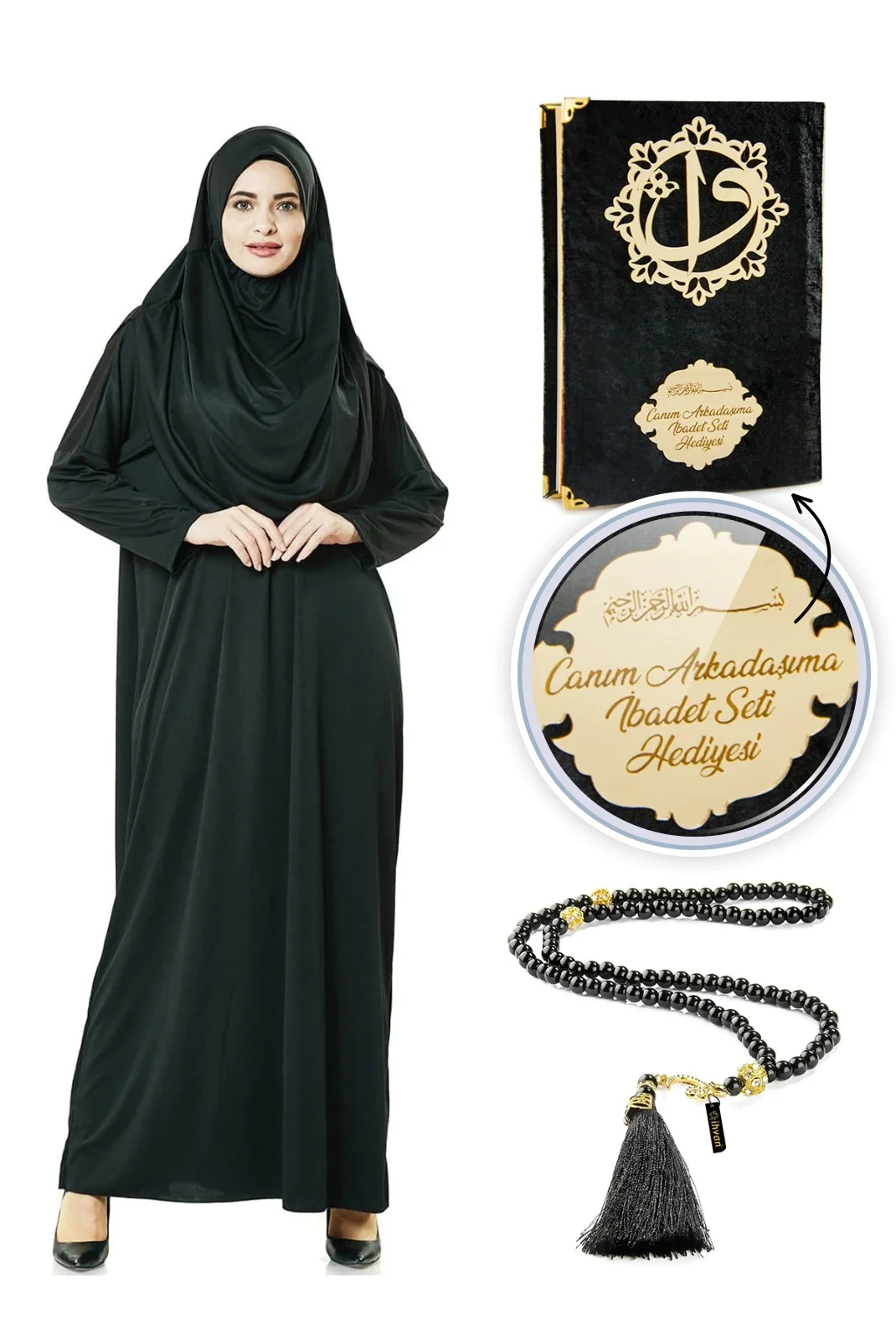 Religious Gift Set Prayer Gown Set Black Ramadan one-piece prayer Abaya dress Jilbab hijab dresses Robe hooded