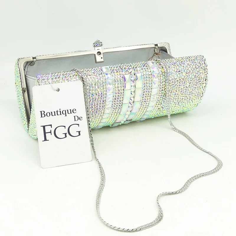 Imagem -04 - Boutique de Fgg Luxo Feminino Cristal Prata ab Noite Bolsa Metal Minaudiere Embreagem Bolsa Festa de Casamento Cocktail Diamante Bolsa