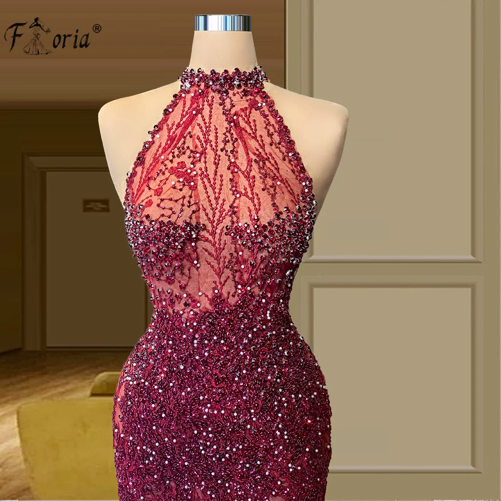 

Burgundy Luxury Beaded Mermaid Evening Dresses Halter Sleeveless See Through Crystal Floor Length Prom Dress vestidos de fiesta