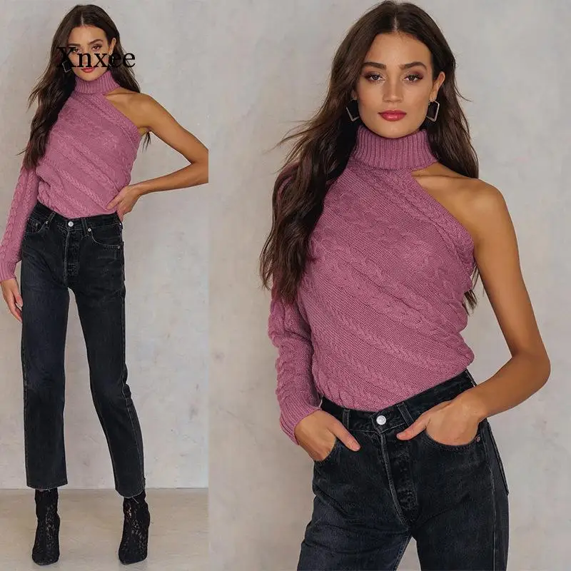 Women Off-Shoulder Single-Sleeved Irregular Knitting Sweater Autumn Winter Solid Turtleneck Twist Shirt Fashion Sexy Female Top