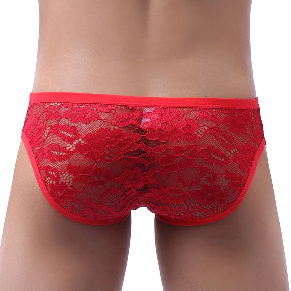 Mens Sexy See-Through Penis Big Pouch Panties Briefs Bulge Sexy Underwear Low Waist Briefs Gay Lace Underpants Erotic Lingerie