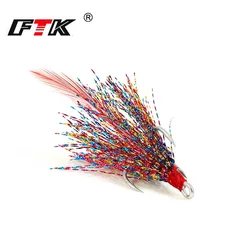 FTK 1pc Tinned Sea Fishing Treble Hook With Hair 1/2/4/6# High Carbon Steel Round Bent Barbed Lure Triple Fishing Hook Tackle