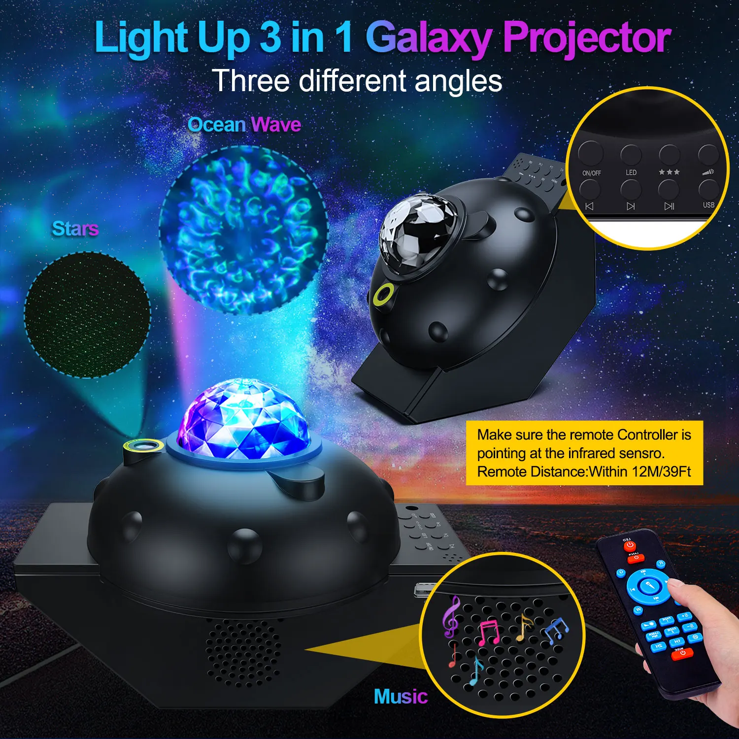 LED Star Night Light Galaxy Projector Led Light Star Music Projectors USB with Bluetooth Speaker Wave Party Night Wedding Lights