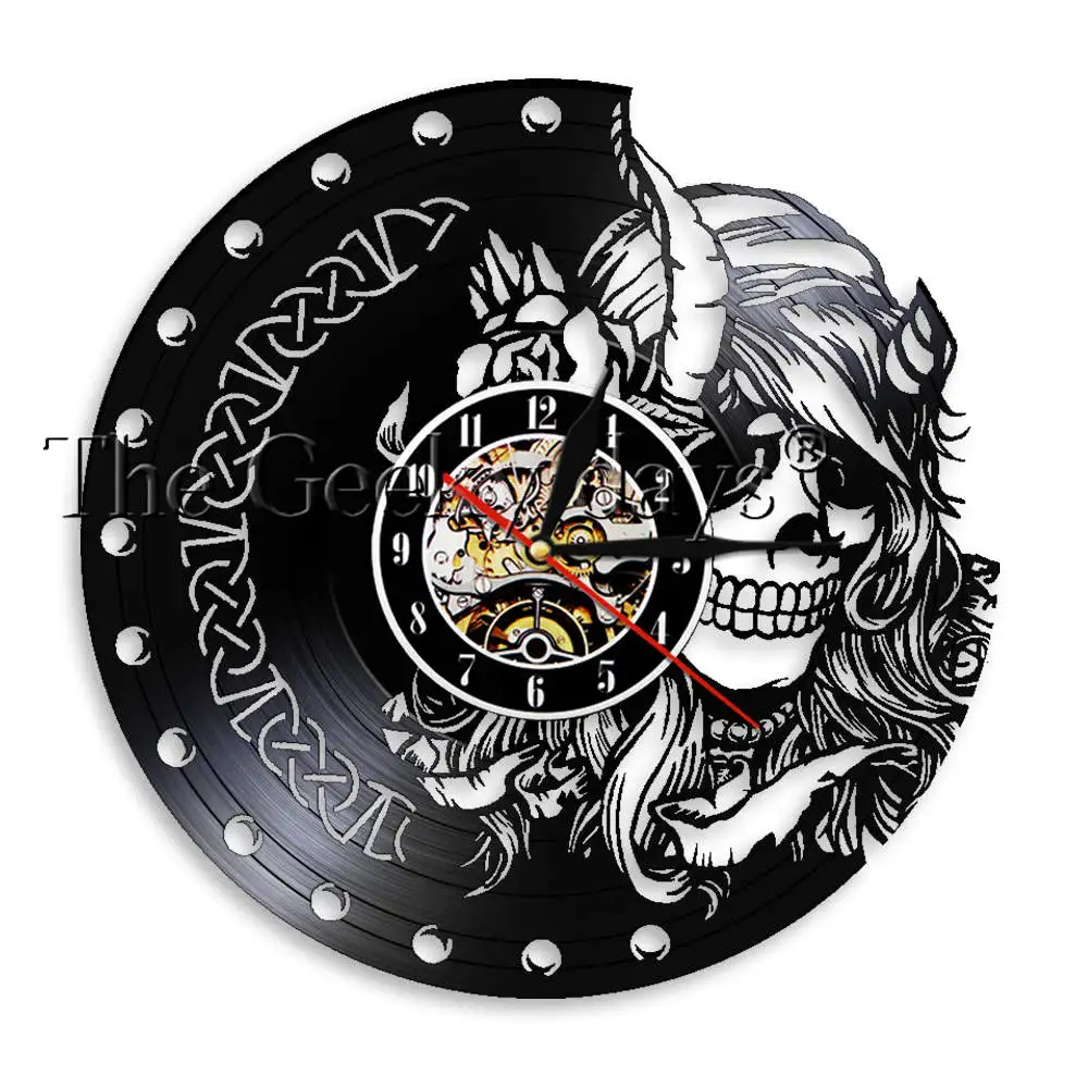 Mysterious Norse Magick Vinyl Record Silent Quartz Wall Clock Beauty Female Viking Skull Head Skeleton Girls Retro Hanging Watch