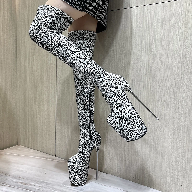 Brand Pole dancing 20cm thin heels Stiletto over the knee long boots platform Women PUNK Pumps 22cm ladies Leopard print Shoes