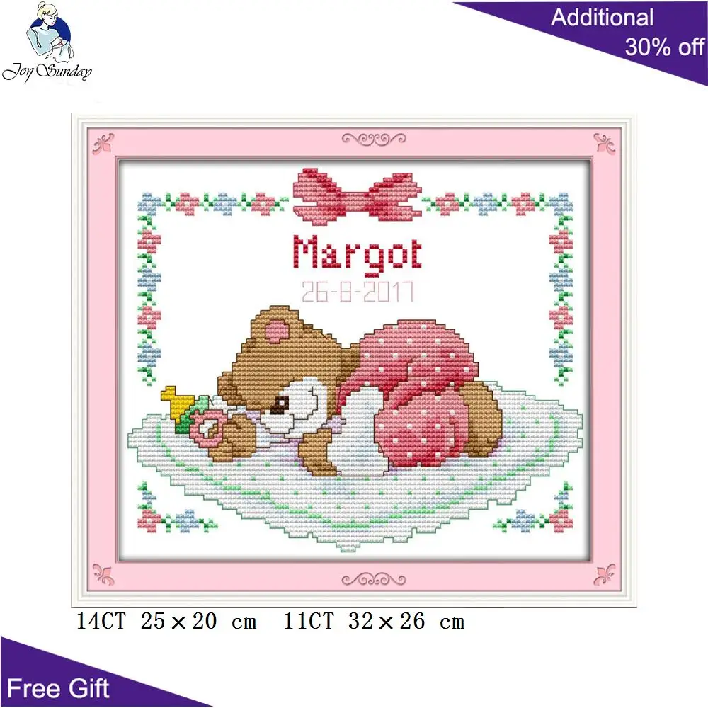 Joy Sunday Baby Bear Counted and Stamped Home Decor, Pink and Blue Needlework, Cross Stitch Kit, C727, C728, 14CT, 11CT