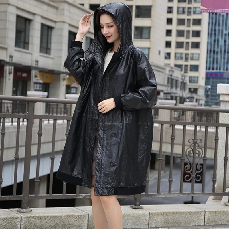 럭셔리 여성 느슨한 맞는 정품 가죽 후드 트렌치 코트 Streetwear 따뜻한 Windproof 쇠가죽 채찍으로 치다 우아한 레트로 스포츠 용 재킷