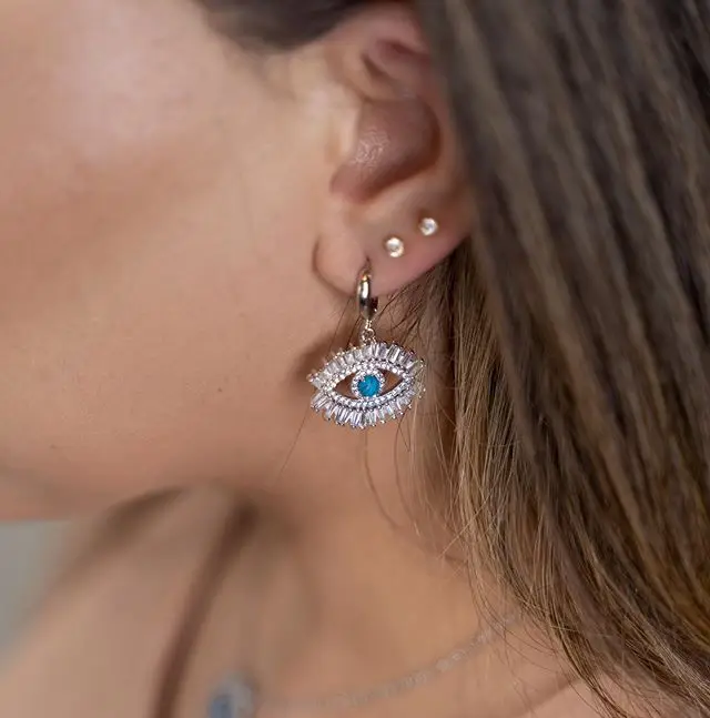 

Fashion 1.2ct Round Created Opal Inlay Blue Fire Cocktail Earring Genuine AAA Cubic Zirconia Cz Eye Vintage Jewelry For Women