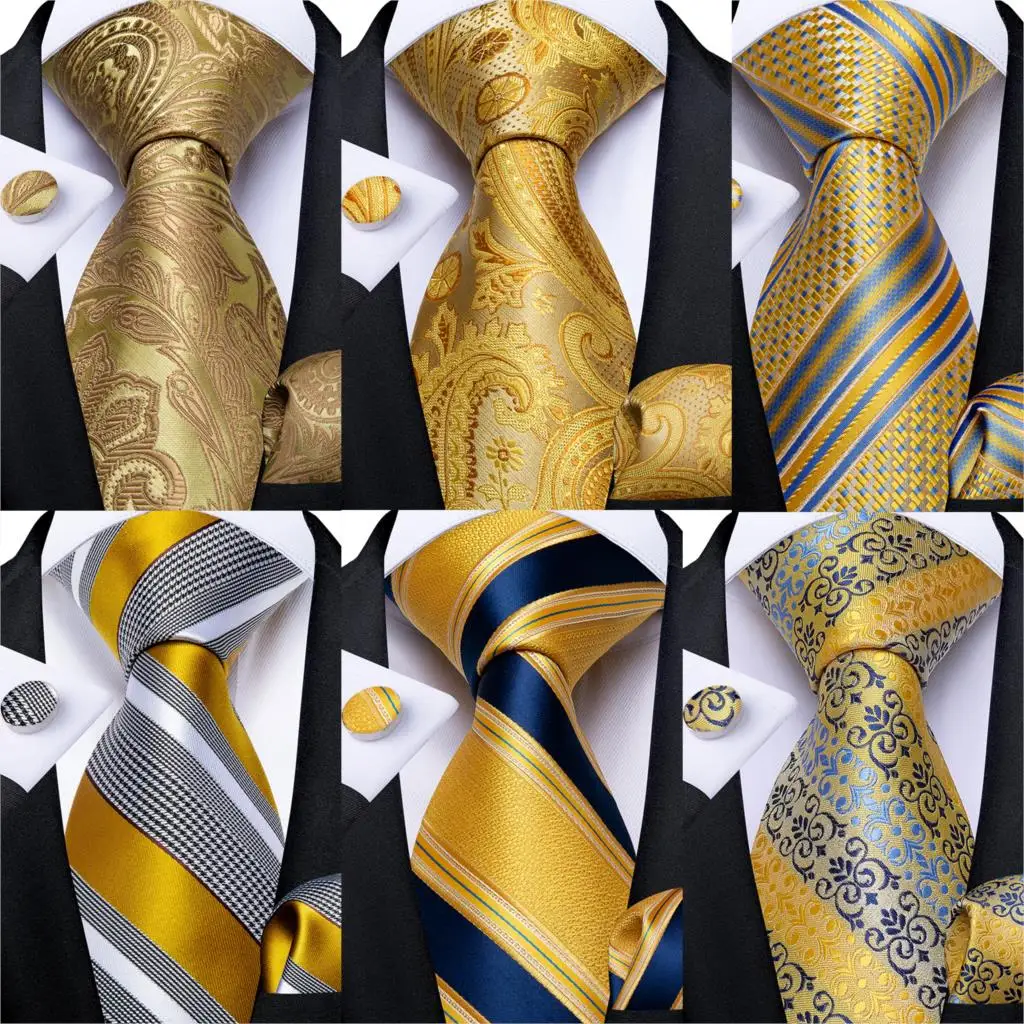 Mens Tie 100% Silk Classic Jacquard Woven 8cm Gold Yellow Formal Business Wedding Neck Tie Pocket Square Set Suit Cravat DiBanGu