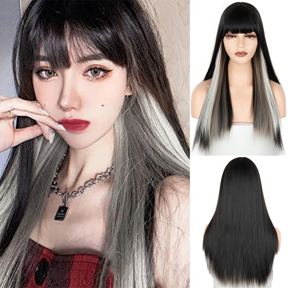 Synthetic Wig Long Straight Long Wig Bangs Mixed Black and White Wig Heat-resistant Fiber Suitable For Women