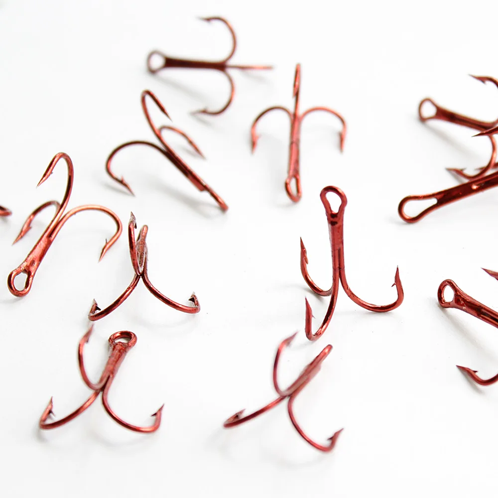 35647 3/0#-14#Red  High Carbon Steel Fishing Hook Barbed Treble Hooks Fishhooks Carp Fishing Tackle Round Bend For Bass